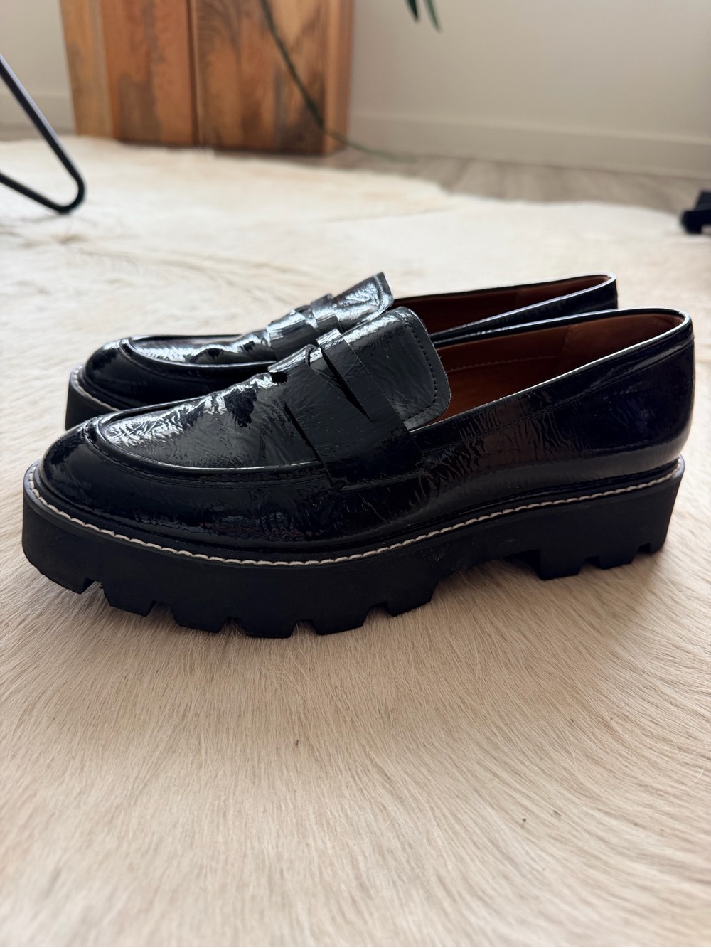 Franco Sarto Black Patent Lug-Sole Penny Loafers